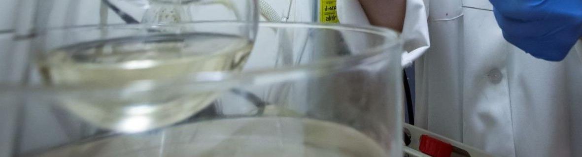 科技学院学生戴着橡胶手套在天普科学实验室用烧杯做实验.
